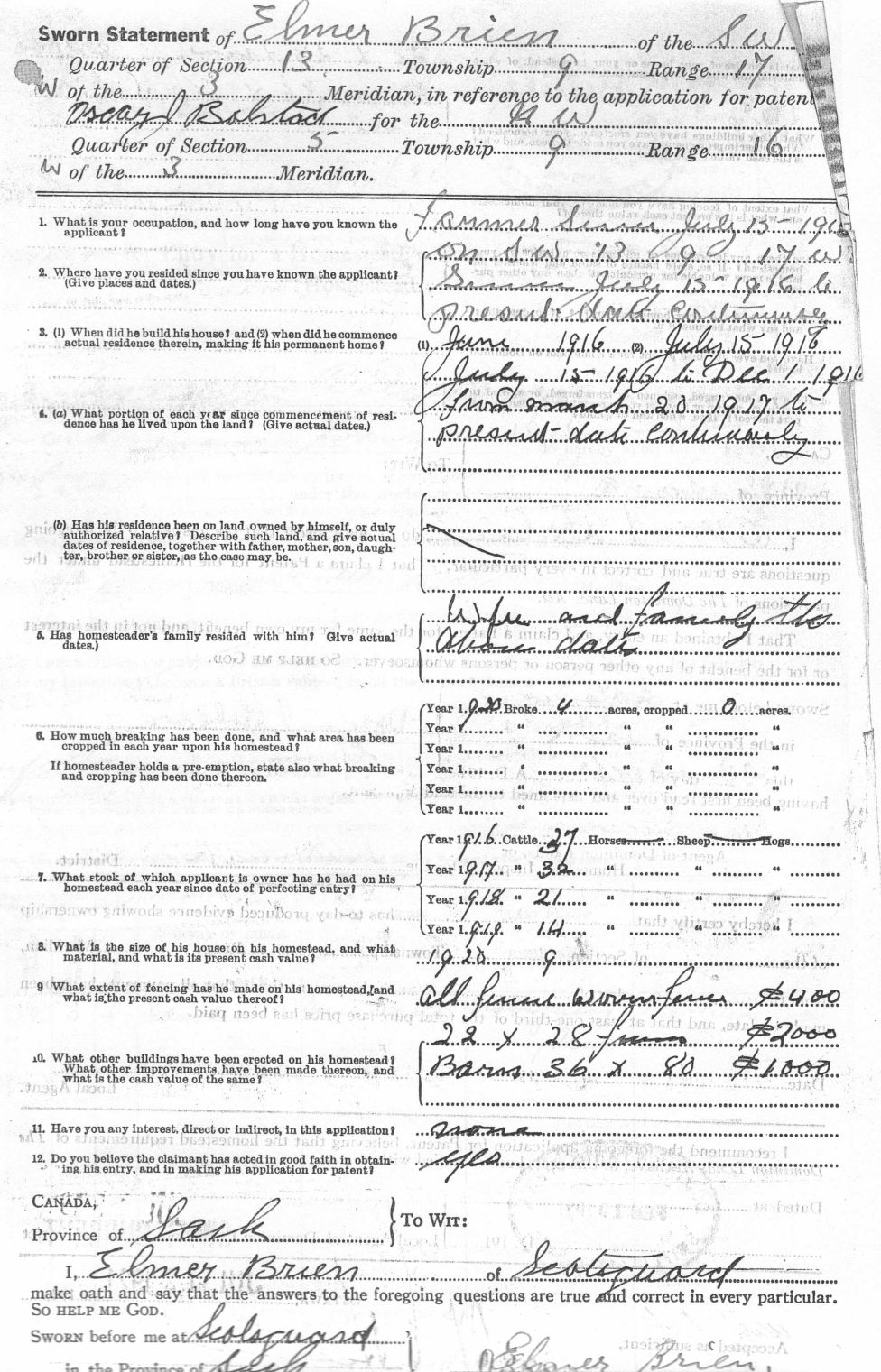 Supporting Sworn Statement by neighbor ELMER BRIEN to Application for  a Homestead PATENT in Scotsguard Saskatchewan - Oscar J. Bolstad